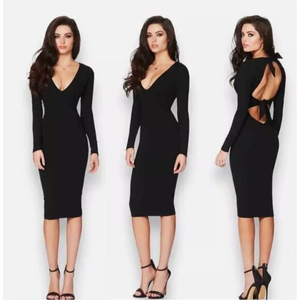 Nookie Cleo Long Sleeve Midi Dress Black Cut Out Tie Back Bodycon Medium